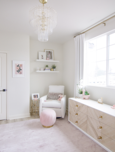 Girls White and Blush Nursery in Los Angeles With Blush Ottoman